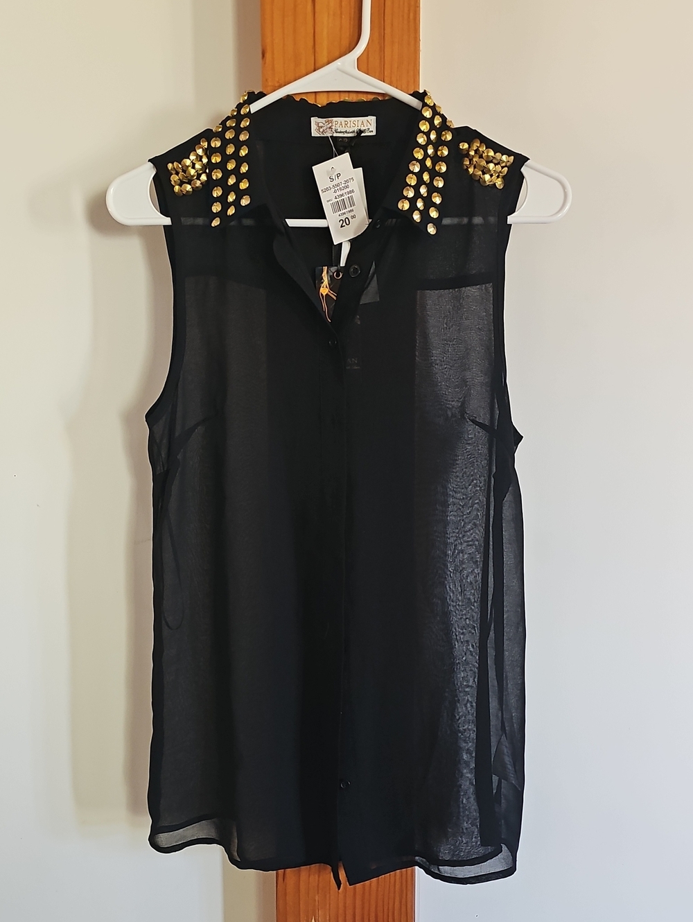 Parisian Works Black Sheer Sleeveless Blouse with Gold Stud Collar